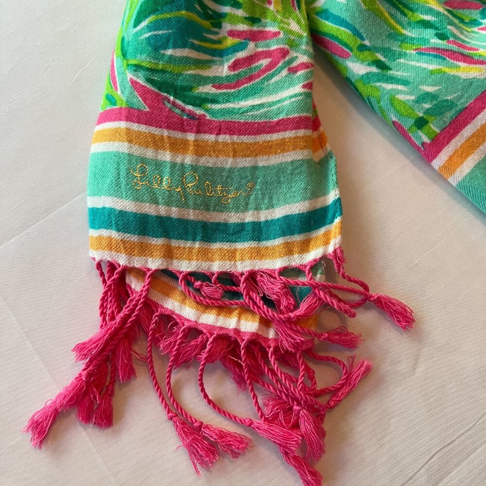 Lilly Pulitzer Palm Leaf  Scarf-Wrap-Swim Cover-Up Multi Color Fringe - Picture 12 of 15